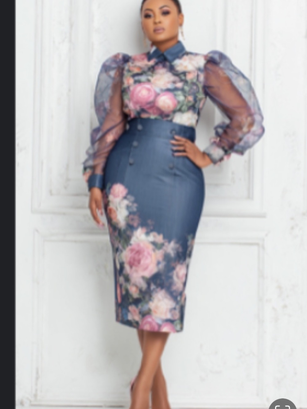 Floral Pencil Skirt in Blue with Pink Rose Print